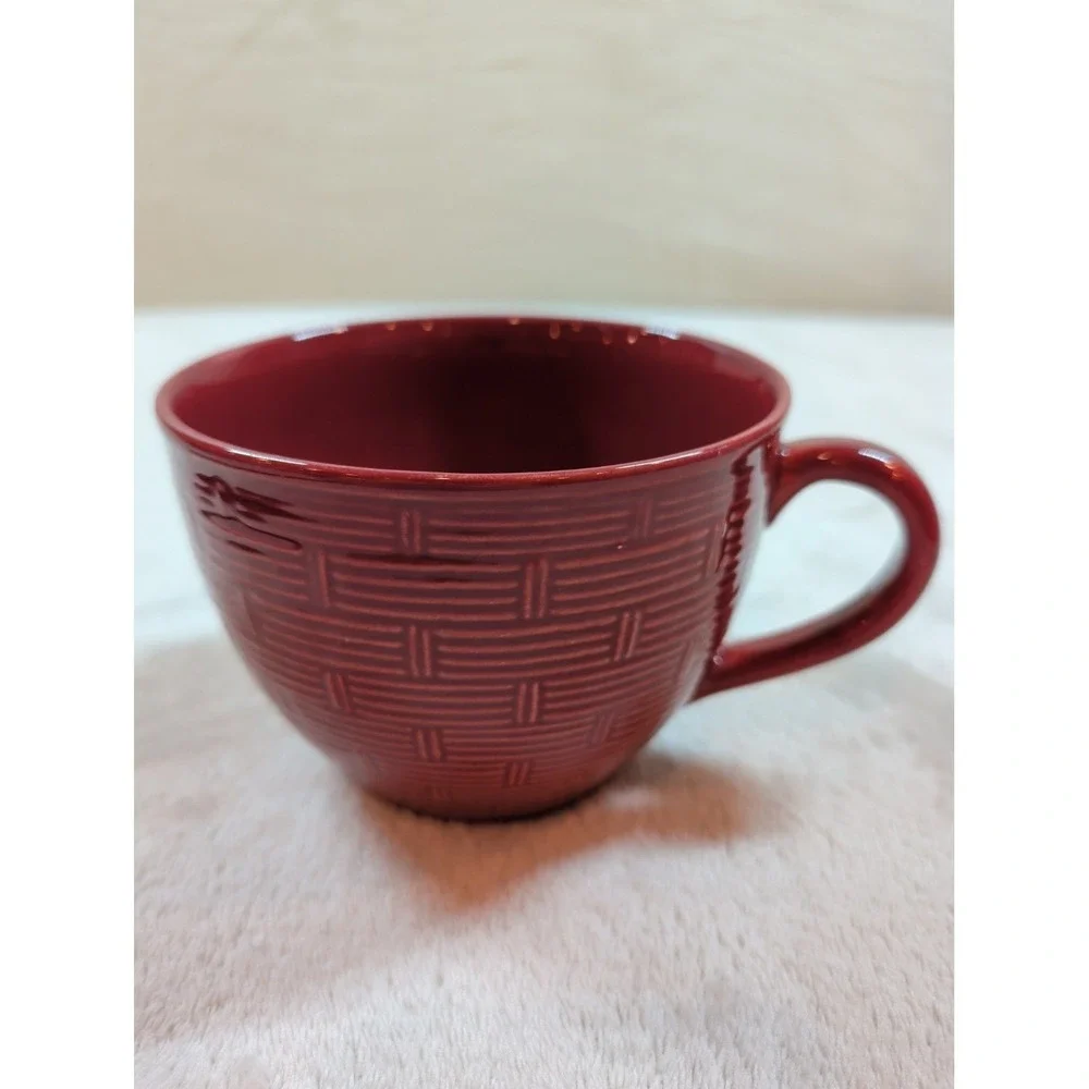 Pier 1 Rattan Weave Red Earthenware Coffee Mugs‎ Set of 2 Burgundy Basketweave